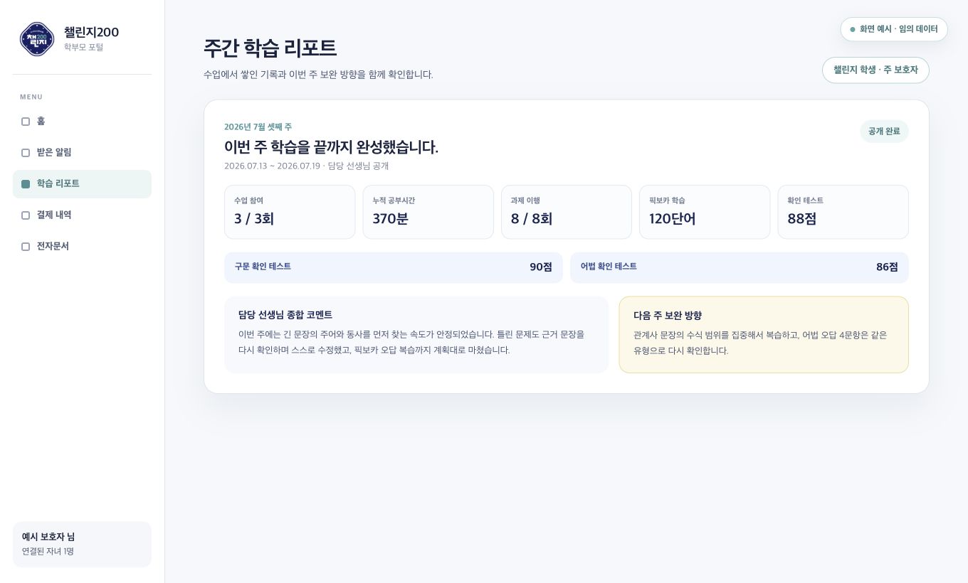 임의 학생 데이터로 구성한 챌린지200 보호자 포털 주간 학습 리포트 화면 예시